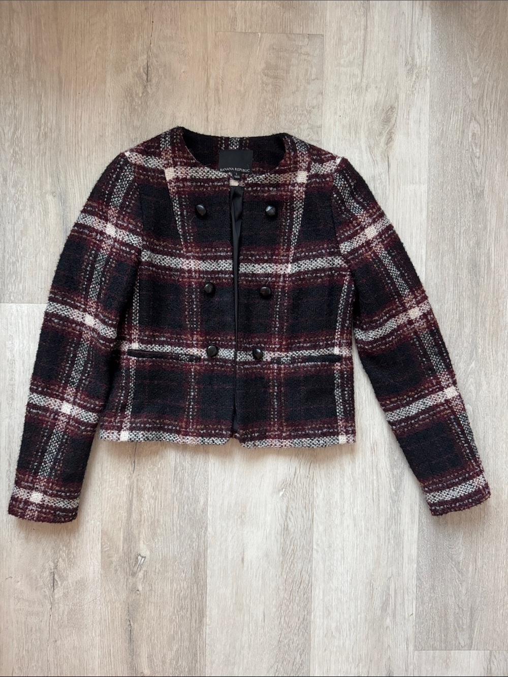 Banana Republic Black & Burgundy Plaid Double-Breasted Blazer